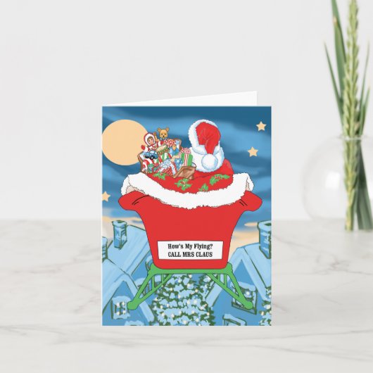 サンおもしろいタクロースのクリスマスユーモ飛んでいるア シーズンカード (正面)
