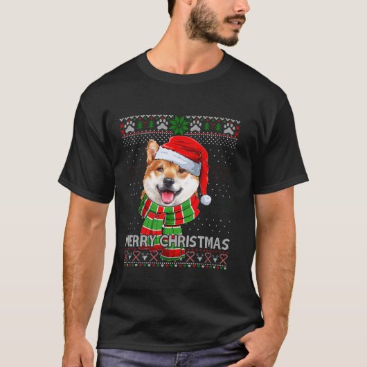 サンおもしろいタ柴犬スカーフカーフラバー醜いクリスマスS Tシャツ (正面)