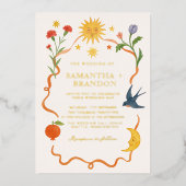 サンお洒落&ムーンフローラゴールドフォイル結婚ズ 箔招待状 (正面)