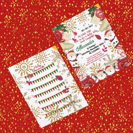 サンすてきタ金ゴールドスノーフレーククリスマス1st誕生日 案内状