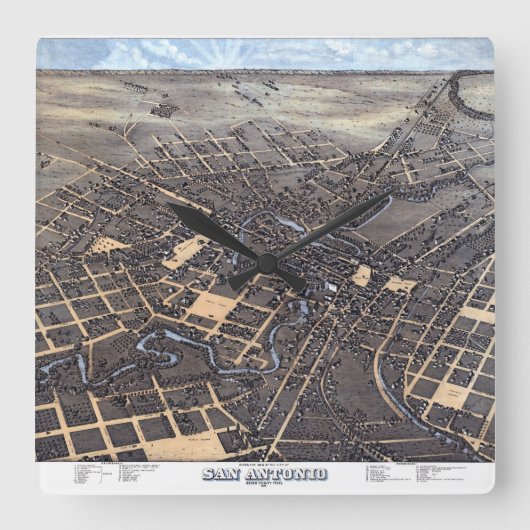 サンアントニオ テキサス州 アンティーク航空地図 1873 スクエア壁時計 (正面)