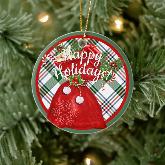 サンカスタムタ抱き枕オンレッドグリーンプレイドパターン セラミックオーナメント (ツリー)