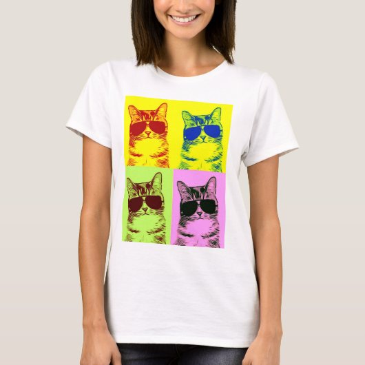 サンガおもしろいス色のアー数々のトを着たポップ・アートの猫 Tシャツ (正面)