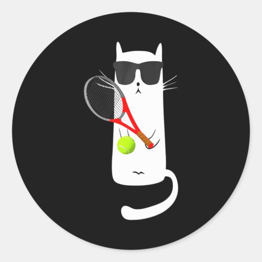 サンガおもしろいラスのテニス遊スポーツを着た猫 ラウンドシール (正面)