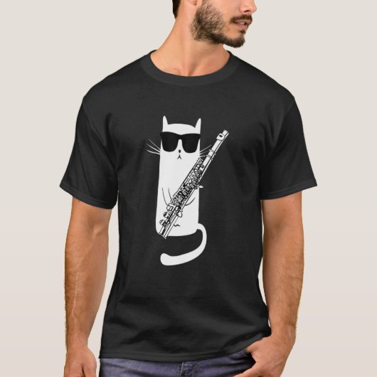 サンガおもしろいラスのフルートを遊着た猫 Tシャツ (正面)