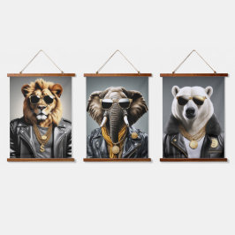 サンガクールラスとレザージャケットを備えた動物 吊り下げ型タペストリー