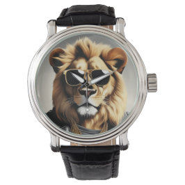 サンガクールラスとレザージャケットを備えた動物 腕時計