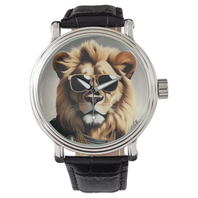 サンガクールラスとレザージャケットを備えた動物 腕時計 (正面)