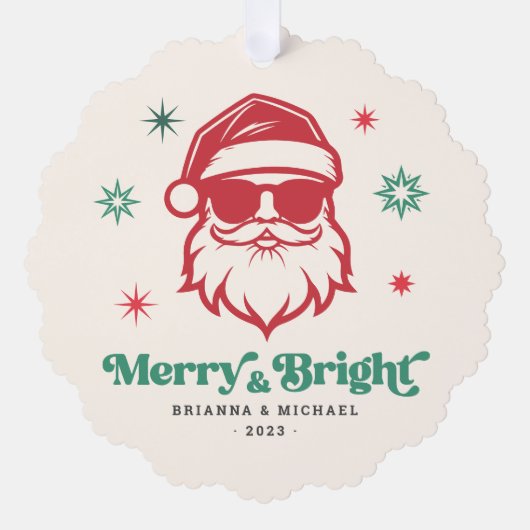 サンガメリースクールレトロな星の中の明るいサンタ オーナメントカード (正面)