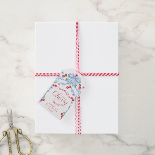 サンキューさくらんぼグッドブルー弓ベビーシャワー ギフトタグ (より糸付き)