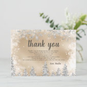 サンキューウィンターシルバー雪の松の金ゴールド赤ちゃんシャワー サンキューカード (スタンド正面)