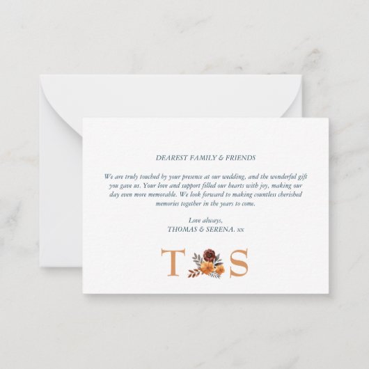 サンキューウェディングパンパスグラスネイビーブルー秋 ノートカード (裏面)