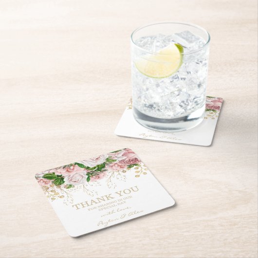 サンキューウェディングレセプション赤面ピンク花 スクエアペーパーコースター (インサイチュ)