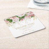 サンキューウェディングレセプション赤面ピンク花 スクエアペーパーコースター (アングル)