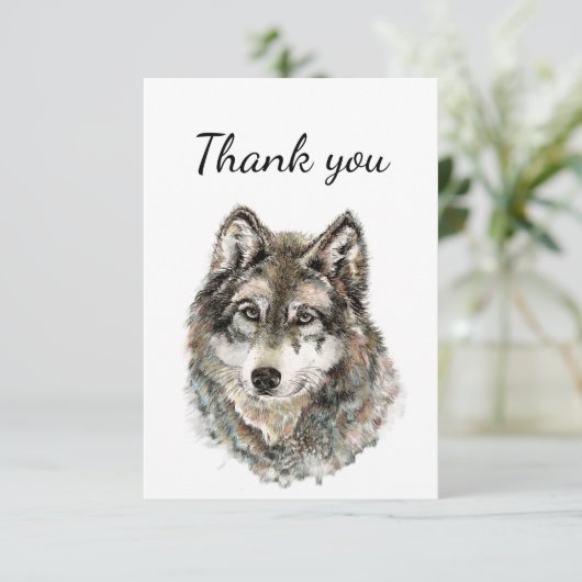 サンキューウォーターカラーウルフウルフアニマル自然 サンキューカード (スタンド正面)