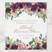 サンキューウォーターカラーバーガンディフローラホワイト結婚ズ ワインラベル (シングルラベル)