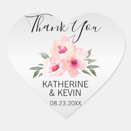 サンキューウォーターカラーフローラピンクグレーズグレー結婚ズ ハートシール (正面)