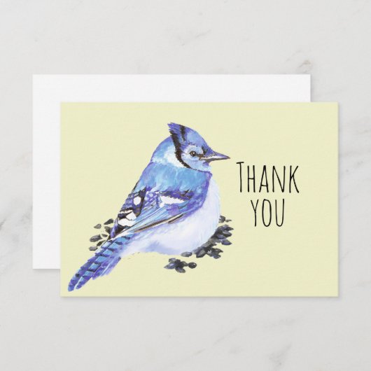 サンキューウォーターカラーブルージェイ鳥自然アート サンキューカード (正面/裏面)