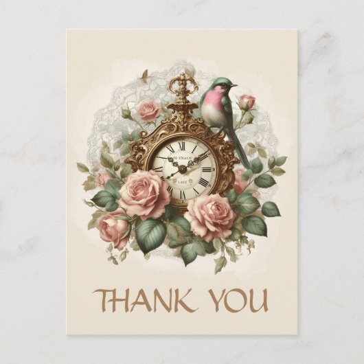 サンキューエレガントフローラバラアンティーククロックバード ポストカード (正面)