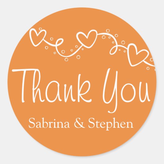 サンキューオレンジホワイトハートラブウェディングパーティー ラウンドシール (正面)