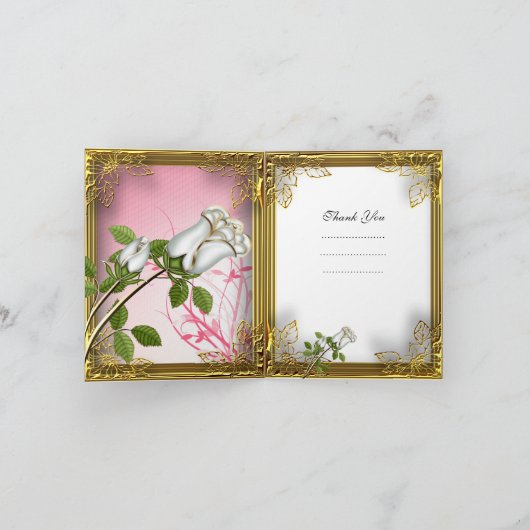 サンキューカードのエリートのピンクの白いバラの金ゴールド サンキューカード (内部)