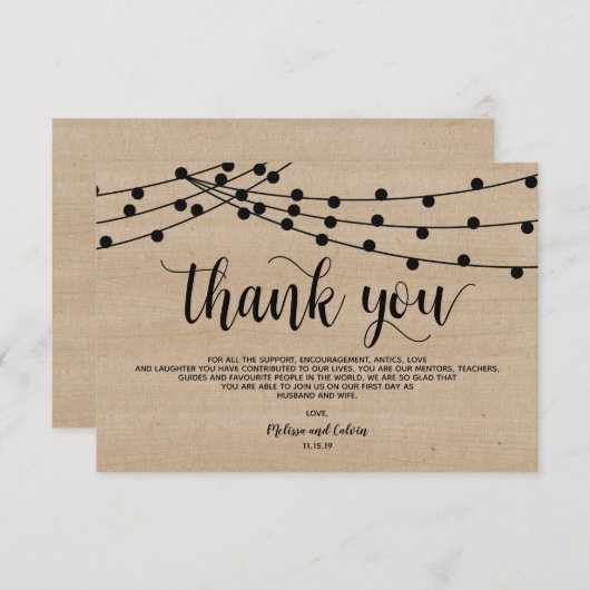 サンキューカードのデザインを結婚する素朴なひもライト エンクロージャーカード (正面/裏面)