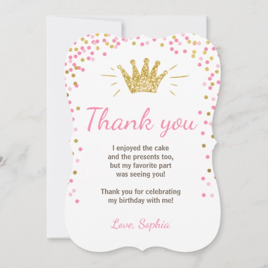 サンキューカードのプリンセスの誕生日の金ゴールドのピンク サンキューカード (正面)