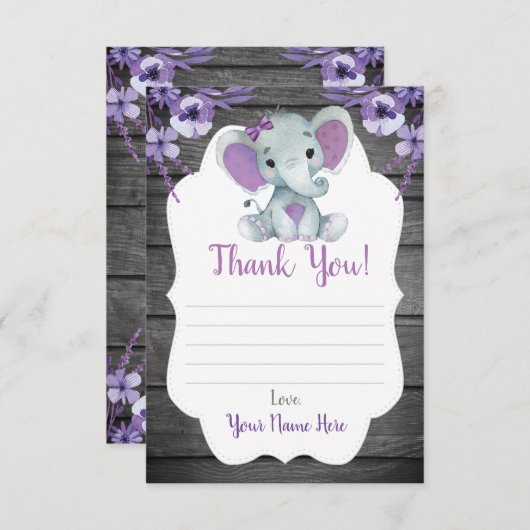 サンキューカードガールエレファントシャワーパープルフラワーズ エンクロージャーカード (正面/裏面)