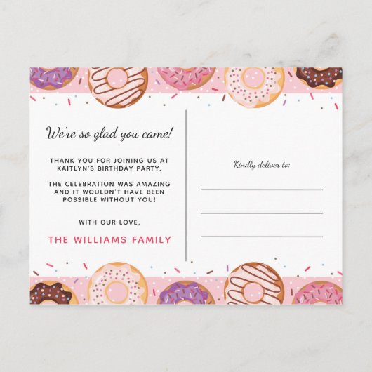 サンキューカードピンクアイドナッツバースデーパーティー インビテーションポストカード (裏面)