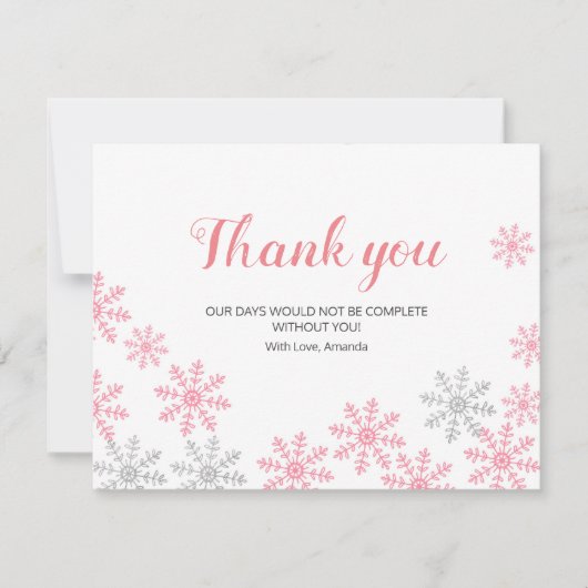 サンキューカードピンクシルバーの冬の雪片 サンキューカード (正面)
