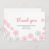 サンキューカードピンクシルバーの冬の雪片 サンキューカード (正面/裏面)