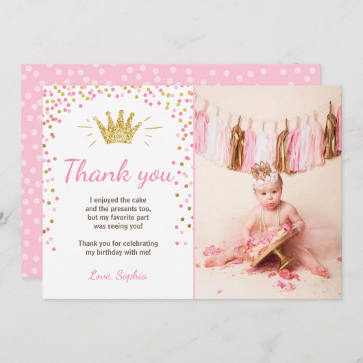 サンキューカードプリンセス誕生日金ゴールドピンク サンキューカード (正面/裏面)