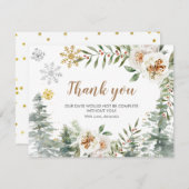 サンキューカード冬の白いフローラパインツリー金ゴールド サンキューカード (正面/裏面)