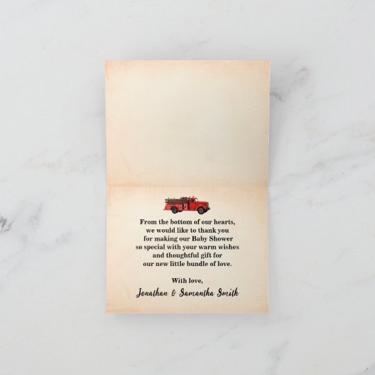 サンキューカード小さな消防士の赤ちゃんシャワー サンキューカード (内部)