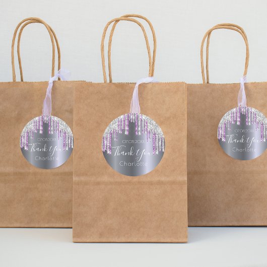 サンキューシルバーグリッターパープルスパークル誕生日 ラウンドシール