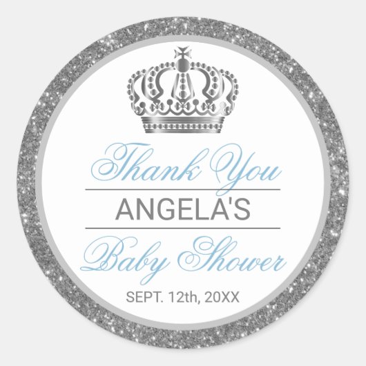 サンキューシルバーブループリンスクラウンベビーシャワー ラウンドシール (正面)