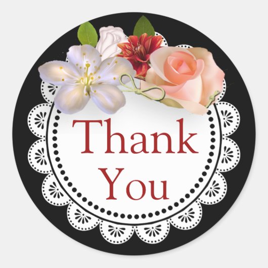 サンキュースティッカーブラック&コーラルフローラブーケ ラウンドシール (正面)