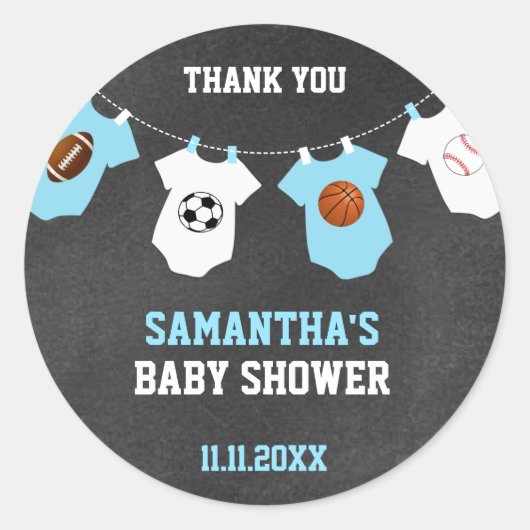 サンキュースポーツテーマベビーシャワーシャルボードボーイ ラウンドシール (正面)