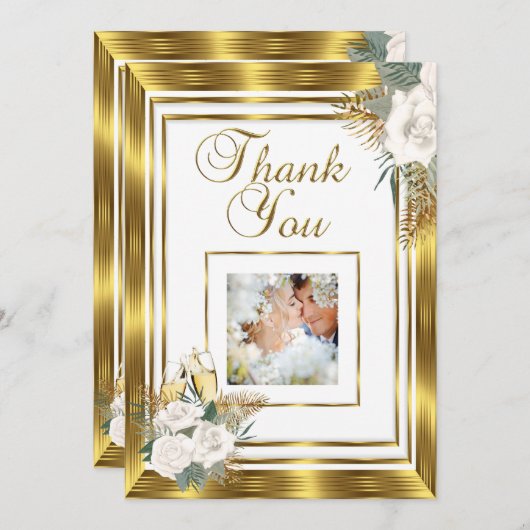 サンキューズ結婚ゴールデンホワイトローズシャンパン サンキューカード (正面/裏面)