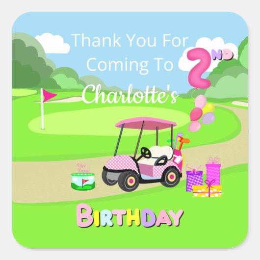 サンキューセカンドバースデー水玉模様ピンクゴガーリールフ スクエアシール (正面)