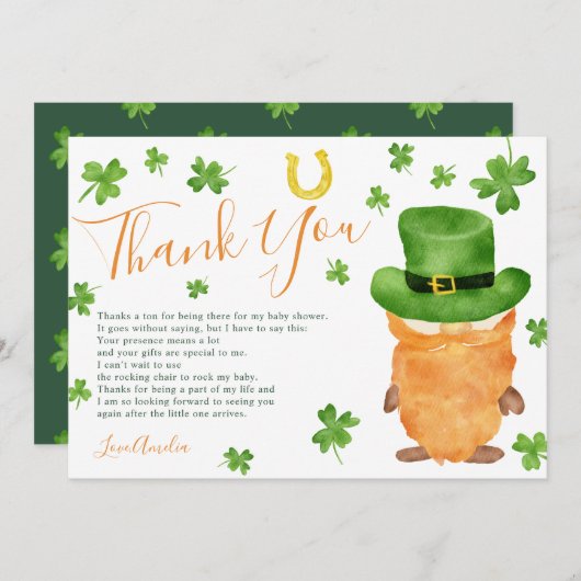 サンキューセントパトリックのクローバー水色の赤ちゃんシャワー サンキューカード (正面/裏面)