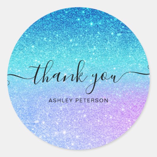 サンキュータイポグラフィマーメイドグリッターブルーパープル ラウンドシール (正面)