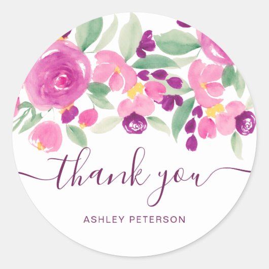 サンキュータイポグラフィ紫シックフローラ水色 ラウンドシール (正面)