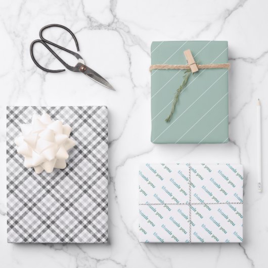 サンキュータータンチェックパターンセージグリーンパステル ラッピングペーパーシート (正面)