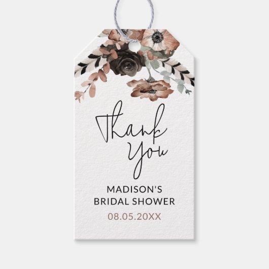 サンキューダスティピンク&ブラックフローラブライダルシャワー ギフトタグ (正面)