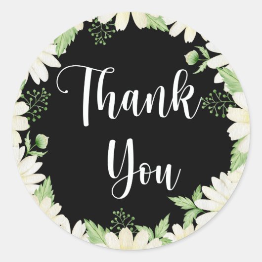 サンキューデイジーフラワーブラッククラシックラウンドスティック ラウンドシール (正面)