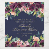 サンキューネイビーウォーターカラーブルゴーニュフローラ結婚ズ ワインラベル (シングルラベル)