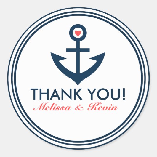 サンキューネイビーブルーノーティカルボートいかり ラウンドシール (正面)