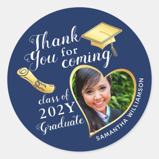 サンキューネイビーブルーホワイト金ゴールド卒業パーティー ラウンドシール (正面)