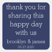 サンキューネイビーブルーモダン結婚式用シール スクエアシール (正面)